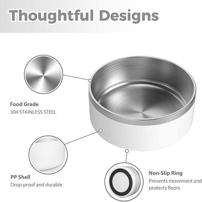 Stainless Steel Dog Bowl, Metal Water and Food Dish for Large Dogs, Insulated Non-Slip Pet Bowl, Easy Clean, 40oz, White