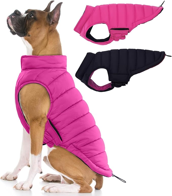 Lelepet Reversible Dog Coat Waterproof Dog Jacket Windproof Puffer Vest for Winter Warm Lightweight Coats for Large Dogs Adjustbale Hook & Loop Pet Apparel with Leash Hole, Pitbull, Rose Red, XL