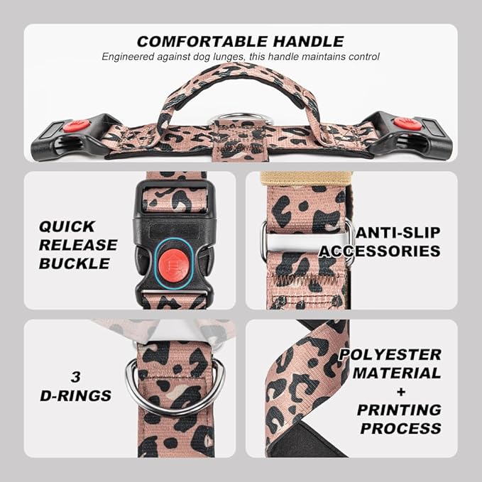 TSPRO Heavy Duty Premium Tactical Dog Harness for Large Dogs, No Pull, Adjustable Fit, Quick-Release Buckle, Padded Handle, Perfect for Hiking, Walking, Running & Training (Leopard Print S 25)