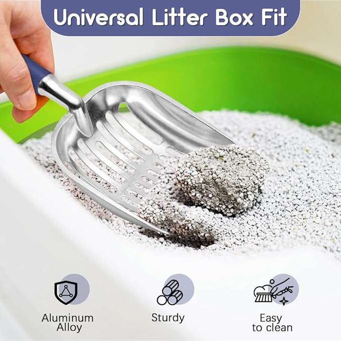 Cat Litter Scoop, Metal Cat Scooper, Plastic Handle Scoop, Sifting Shovel – Heavy Duty Aluminum Alloy Litter Box Scoop with Deep Mesh, Design for Easy Waste Removal and Cleaning(Dark Blue)