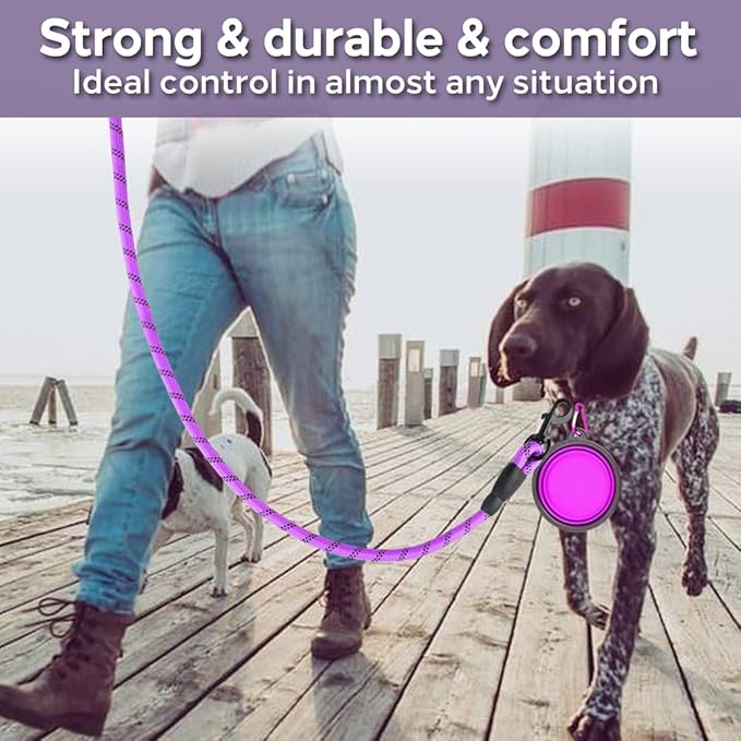 COOYOO 2 Pack Dog Leash 4 FT Heavy Duty - Comfortable Padded Handle - Reflective Dog Leash for Medium Large Dogs with Collapsible Pet Bowl Set 3-Black+Purple