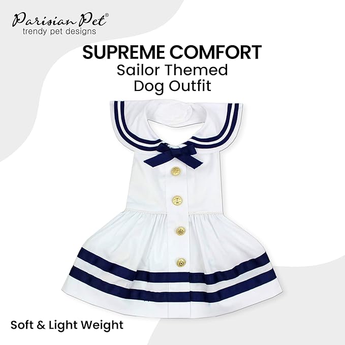 Parisian Pet Dog Dress - Lightweight Sailor Outfit - Breathable Summer Clothes - Pure Cotton White and Blue Dress - XS for Small Dogs Girl
