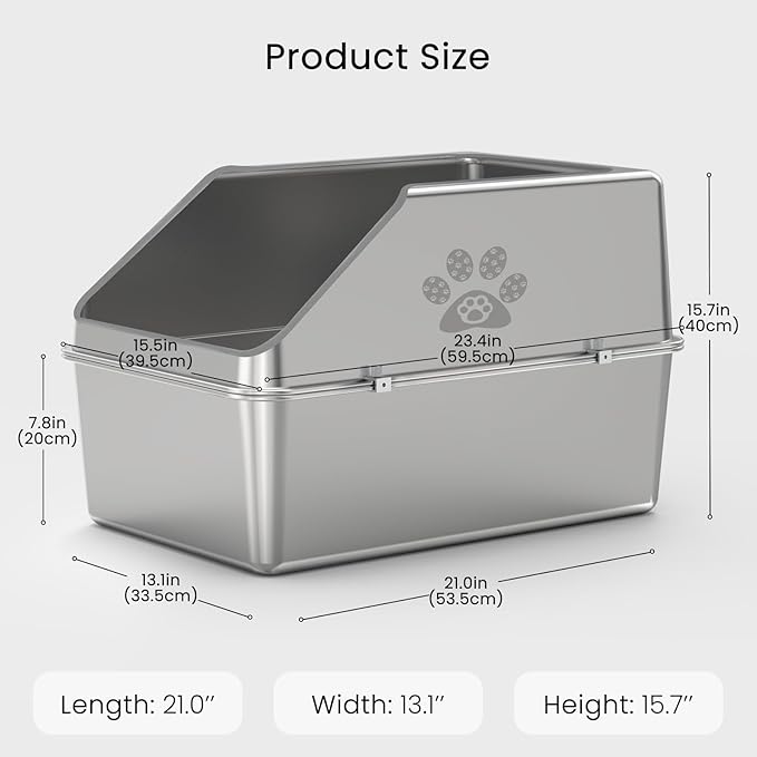 KPWACD Enclosed Stainless Steel Cat Litter Box with Lid, XL Extra Large Non-Stick Metal Litter Pan for Big Cats, High-Sided Kitten Toilet Enclosure, Non-Stick, Anti-Leakage, Easy Cleaning