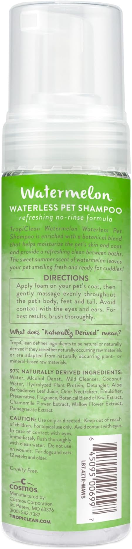 TropiClean Watermelon Waterless Shampoo | Dry Shampoo for Cats & Dogs | Cat & Dog Bath Supplies 7.4 oz | Made in The USA