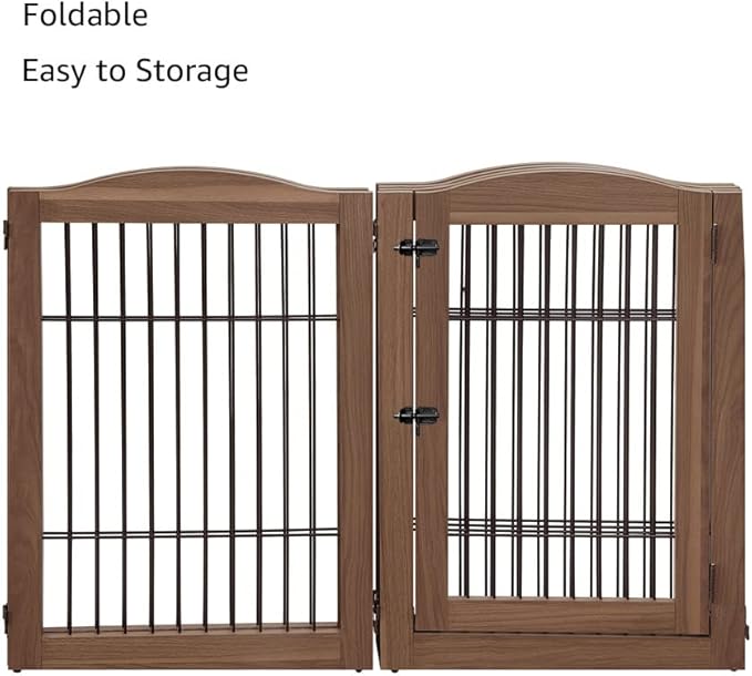 unipaws Pet Playpen with Wood and Wire, 6 Panels Extra Wide Freestanding Walk Through Dog Gate with 5 Support Feet, Foldable Stairs Barrier Pet Exercise Pen for Dogs Cats