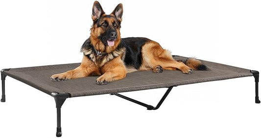 Veehoo Outdoor Elevated Dog Bed Large Sized Dogs, XL Cooling Raised Dog Cots Beds Training Platform Off Ground Hammock with Breathable Mesh, No-Slip Feet, 49"x33", Brown