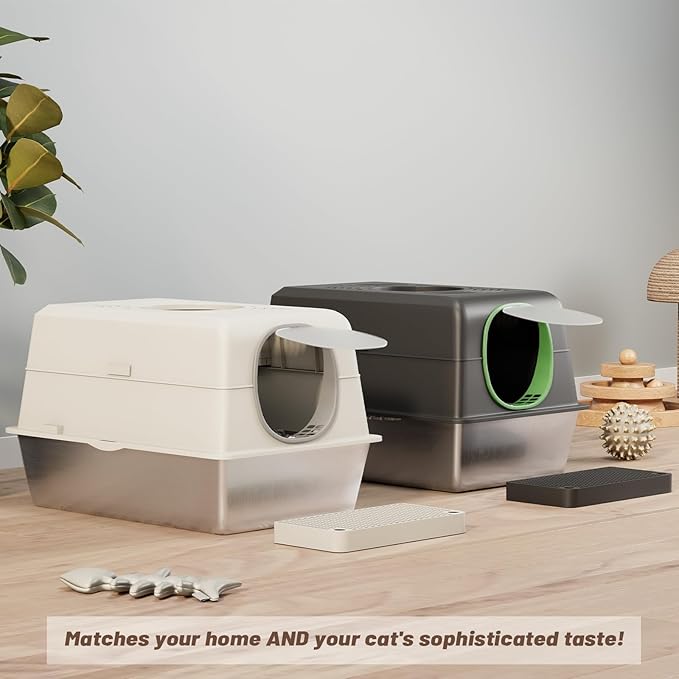 Extra Large Enclosed Stainless Steel Cat Litter Box Enclosure with Lid, Front Dual-Door and Top Exit Metal Cat Litter Pan Box for Big Cats, with Poop Scoop,Box Step, Waste Bin & Trash Bags, Black