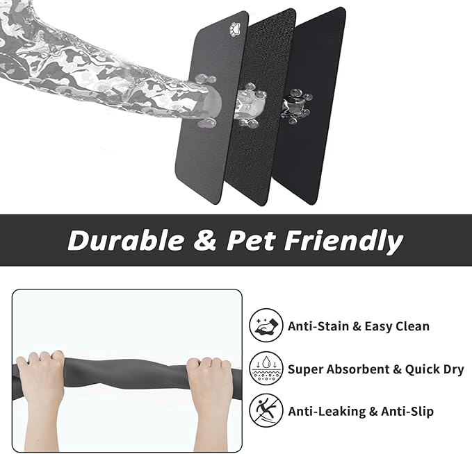 Pet Feeding Mat - Absorbent Dog Mat for Food and Water, No Stains Cat Bowl Mat, Easy to Clean Pet Placemats, Quick Dry Dog Water Dispenser Mat for Messy Drinkers | Paw Dark Grey 12"x 19"