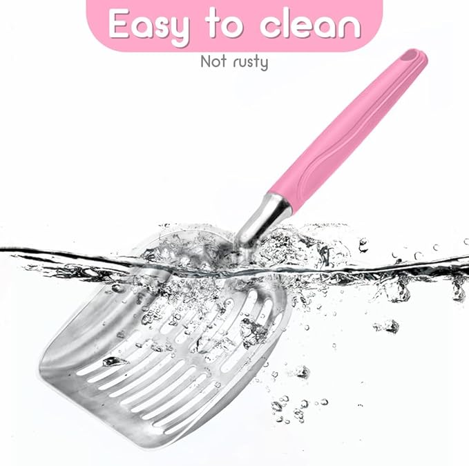 Cat Litter Scoop, Metal Cat Scooper, Plastic Handle Scoop, Sifting Shovel – Heavy Duty Aluminum Alloy Litter Box Scoop with Deep Mesh, Design for Easy Waste Removal and Cleaning(Pink)