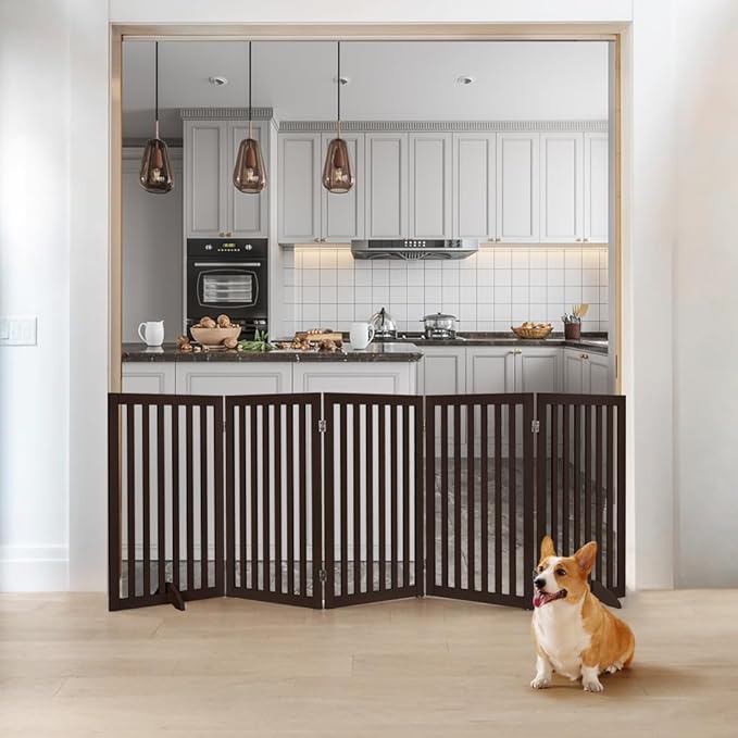 unipaws 36”H Free Standing Pet Gate for Dogs and Cats, Tall Wooden Dog Gates for Doorway, Stairs, Dog Room Divider, Foldable Pet Fence for The House, Expandable Barrier, Indoor Use, Espresso