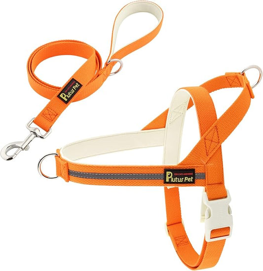Plutus Pet Cotton Dog Harness and Leash Set, Reflective and Soft Padded, Quick Fit Vest Harness, for Small, Medium and Large Dogs, Orange, M