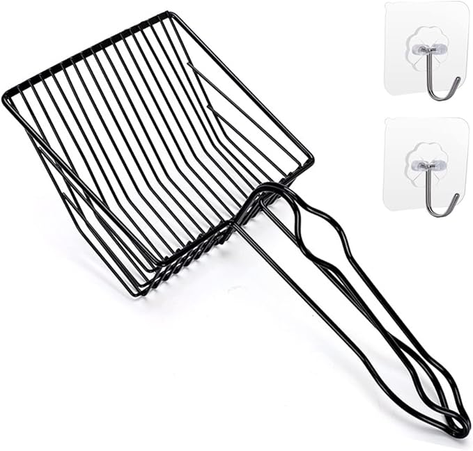 Metal Cat Litter Scoop, Fast Kitty Box Pooper Scooper with Holder, Deep Large Shovel, Upgraded with Flat Head and a Comfy Thumb Hole in Long Handle