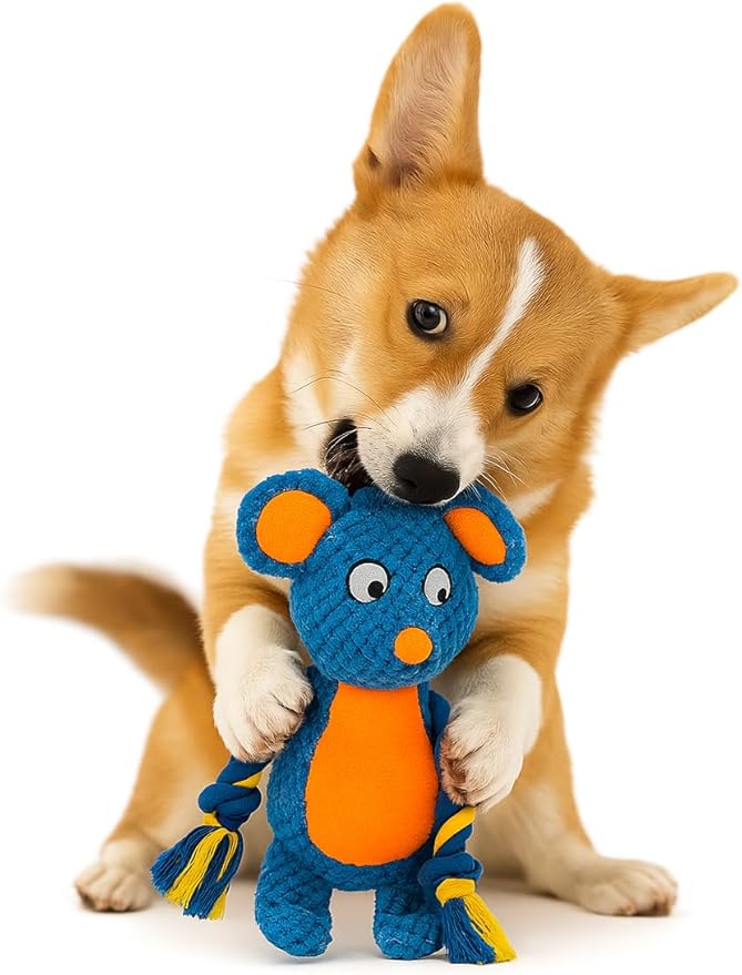Plush Mouse Dog Toy – Durable Squeaky Toy with Rope Arms for Chewing & Tug of War | Soft Textured Stuffed Animal Toy for Small & Medium Dogs | Interactive & Cute Pet Gift