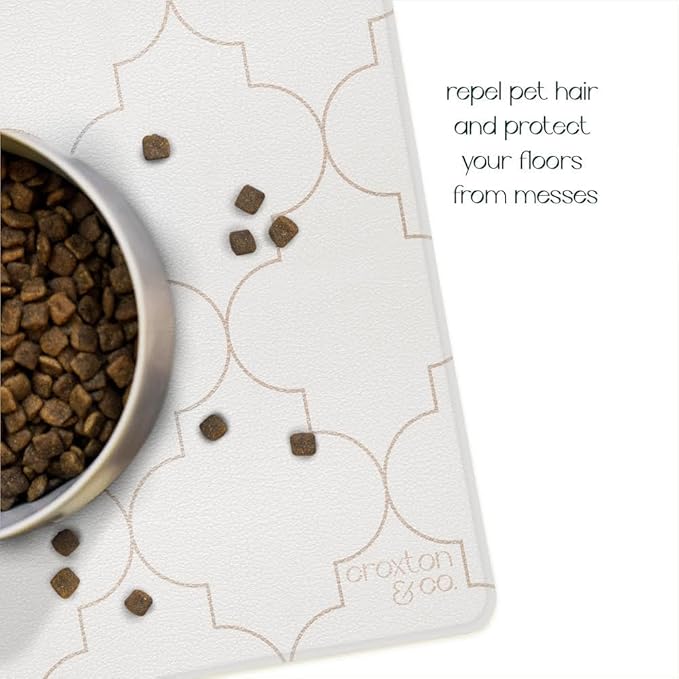 CROXTON & CO. Dog Mat for Food Bowl, Dish, Water Bowls | Stainproof, Washable & 100% Waterproof, Non-Slip Food Placemat for Pets | Faux Leather | Easy to Clean | Size: 16.5” x 28”, Cream, Light Brown