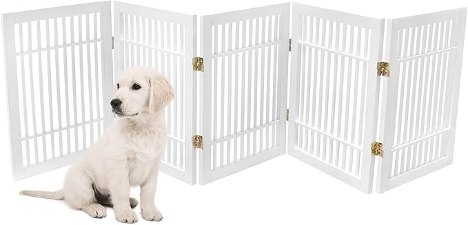 Pet Dog Gate Strong and Durable Freestanding Folding Acacia Hardwood Portable Wooden Fence Indoors or Outdoors by Urnporium (White Pet Gate, 5 Panel 24" Tall)