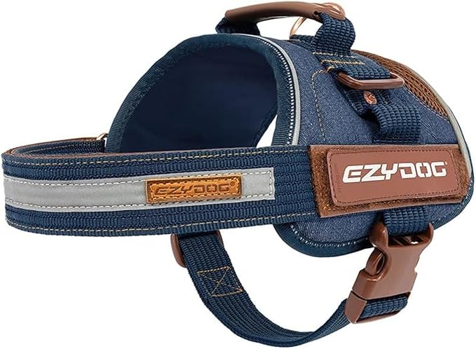 EzyDog Convert Dog Harness – Trail-Ready Rugged Harness for Walking, Hiking & Outdoors with Reflective Piping, Badge Attachment Points, Traffic Handle, & Comfort Lining (Large, Denim)
