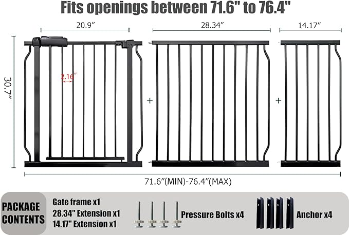 Extra Wide Baby Gates - 71.6-76.4 Inch, Black Metal Pressure Mounted Child & Pet Gates for Stairs & Doorways