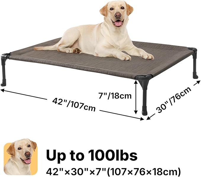 Veehoo Outdoor Elevated Dog Bed Large Sized Dogs, Large Cooling Raised Dog Cots Beds Training Platform Off Ground Hammock with Breathable Mesh, No-Slip Feet, 42"x30", Brown