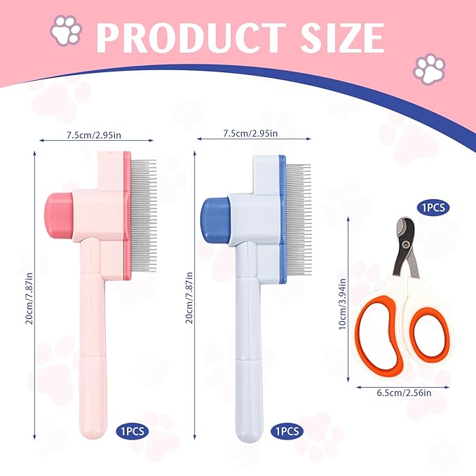 3PCS Flea Comb for Cats and Dogs Self-Cleaning Pet Flea Comb Grooming Brush with Pet Nail Clipper