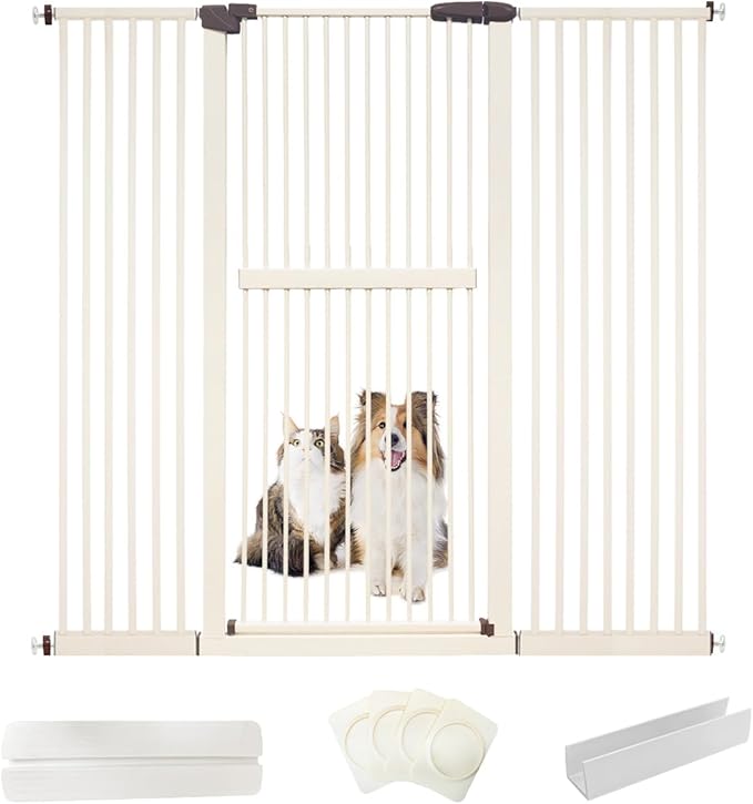 Lumizone Extra Tall Cat Gate 61.02" High Pressure Mounted Extra Wide 59.25"-63.38" (17Sizes) 1.37" Gap No Drilling Auto-Close Tall Pet Gate for Dogs (Cream, 59.25"-63.38"/150.5-160.5cm)