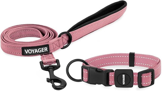 Voyager Reflective Dog Leash Collar Set with Neoprene Handle Supports Small, Medium, and Large Breed Puppies, Cute and Heavy Duty for Walking, Running, and Training - Pink, L