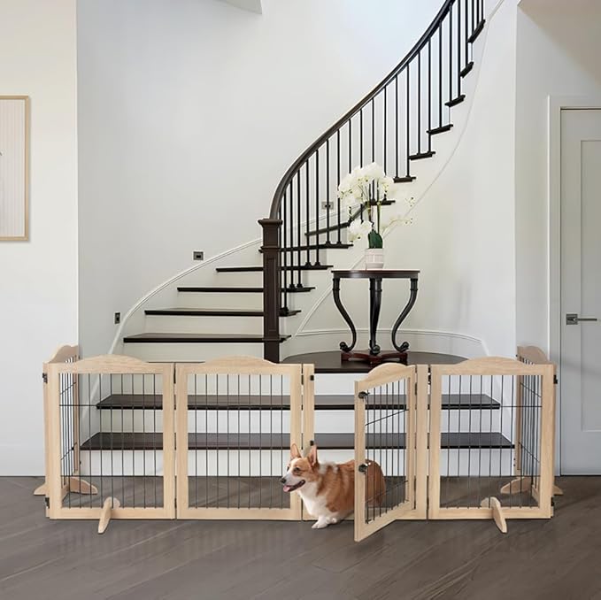 unipaws 132" Extra Wide Dog Gate and Pet Playpen, Free Standing Tall Fence with Walk Through Door, Barriers for Home, Use as Indoor Dogs Cats Pen, Rabbit Pen, Nature