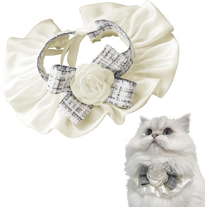 Elegant Lace Cat Collar with Cute Bow,Kitty Necklace with Bow Tie and Flower,Pet Lace Bib Collar with Cute Bow,Cat Princess Costumes,White,1 Piece