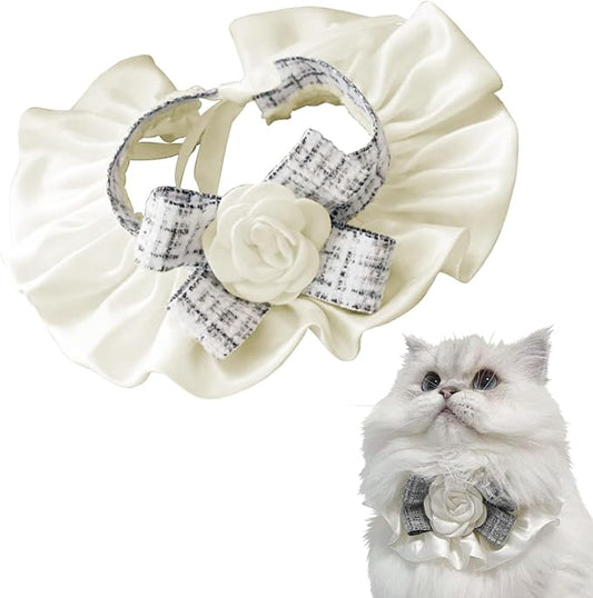 Elegant Lace Cat Collar with Cute Bow,Kitty Necklace with Bow Tie and Flower,Pet Lace Bib Collar with Cute Bow,Cat Princess Costumes,White,1 Piece
