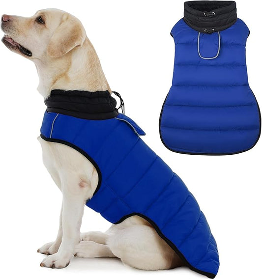 IDOMIK Waterproof Dog Winter Coat, Reflective Warm Dog Puffer Jacket with Harness Hole, Adjustable Lightweight Snow Jacket with Turtleneck, Pet Cold Weather Coats for Large Dogs,Blue,2XL