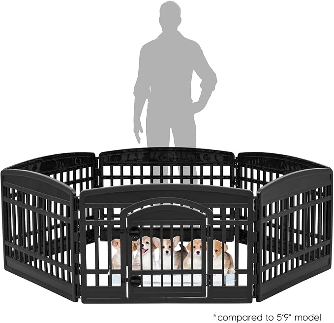 IRIS USA 24" 6-Panel Pet Dog Puppy Playpen with Door, for Puppy Small Dogs Keep Pets Secure Easy Assemble Easy Storing Customizable Non-Skid Rubber Feet, Foldable, Black