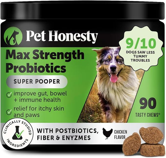 Max Strength Probiotics for Dogs - Super Pooper Dog Stool Hardener with Fiber & Digestive Enzymes, Reduce Occasional Diarrhea for Firm Perfect Poops (90 Ct)