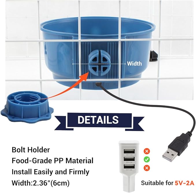 NAMSAN Small Heat Pet Bowl for Cats Rabbits Indoor, 0.6L Heated Water Bowl, Water & Food Thermal-Bowl for Dog Cage, Hanging Kennel Dish, USB Cable, Self-Assembly