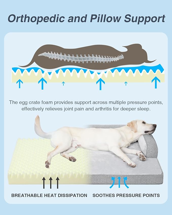 KSIIA Washable Dog Bed Large Sized Dog U-Shaped Bolster Pet Couch with Removable Waterproof Cover, Non-Slip Bottom and Egg-Crate Orthopedic Foam Pet Bed, 41 x 27 Inch, Gray