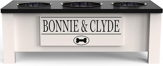 GrooveThis Woodshop - Personalized Elevated Triple Dog Bowl Stand for Large, Medium, Small, X-Small Dogs - 3 Stainless Steel Food and Water Bowls - Raised Dog Dish Internal Storage (Medium, Black)