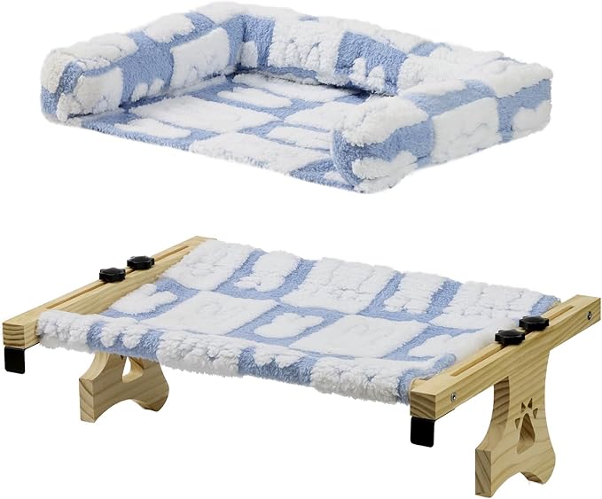 Cat Sill Window Perch Sturdy Hammock Window Seat with Cushion Bed Cover, Premium Wood & Metal Frame for Cats, Easy to Adjust Cat Bed for Windowsill, Bedside and Drawer (White-Blue, 15)