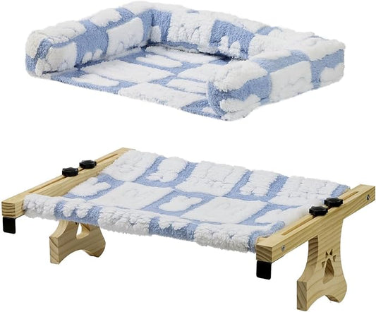 Cat Sill Window Perch Sturdy Hammock Window Seat with Cushion Bed Cover, Premium Wood & Metal Frame for Cats, Easy to Adjust Cat Bed for Windowsill, Bedside and Drawer (White-Blue, 15)