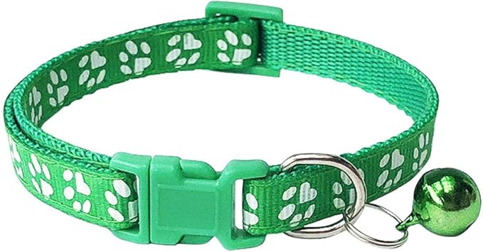 CHBORCHICEN 2-Pack Footprint & Reflective Cat Collar with Bell Basic Dog Cat Collar Buckle Adjustable Polyester Cat Dog Collar or Seatbelts (Small, Green)