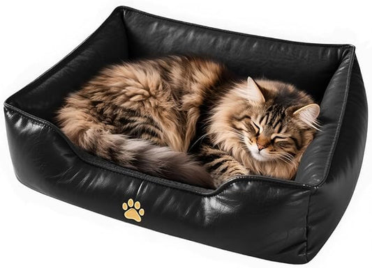 Premium Leather Cat Bed for Indoor Cats Premium Small Dog Bed Pet Nest with Anti-Slip Base Ultra Soft Texture for Comfortable Rest 24 × 18 × 9 inch Black
