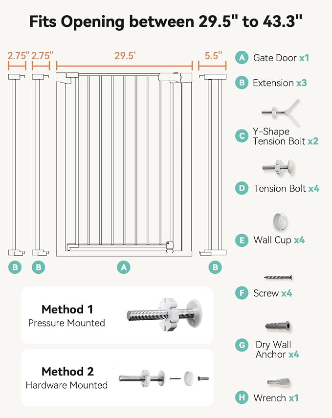 COMOMY 36" Extra Tall Baby Gate for Stairs Doorways, Fits Openings 29.5" to 43.3" Wide, Auto Close Sturdy Safety Dog Gate for House, Pressure Mounted Easy Walk Through Pet Gate with Door, White