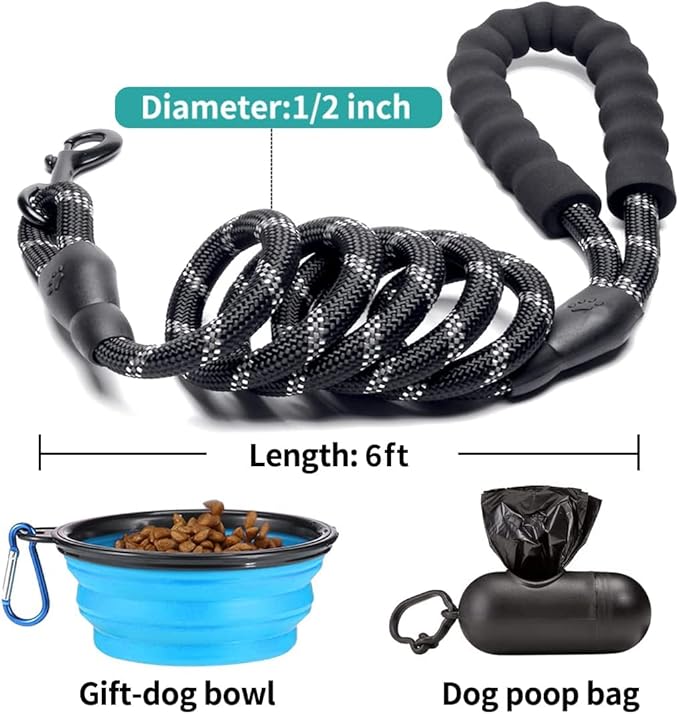 COOYOO 2 Pack Dog Leash 6 FT Heavy Duty - Comfortable Padded Handle - Reflective Dog Leash for Medium Large Dogs with Collapsible Pet Bowl Set 2-Black+Blue