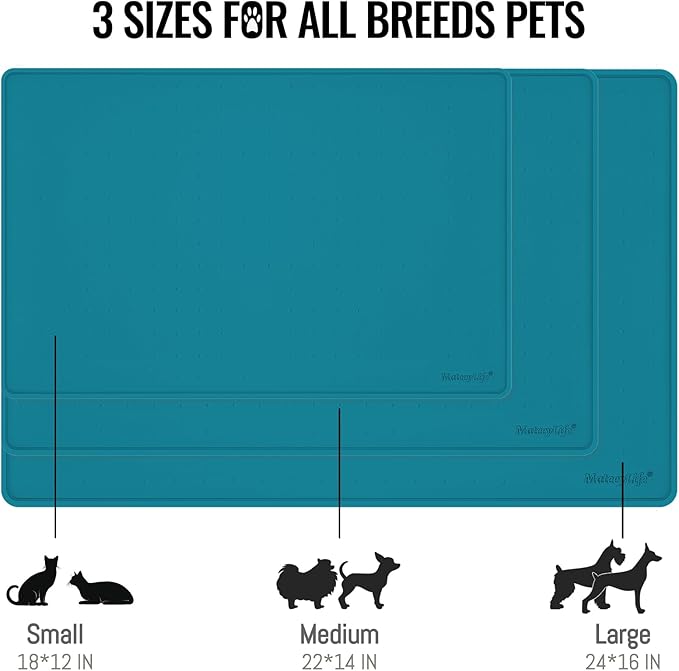 MateeyLife Dog & Cat Food Water Mat for Floors Waterproof, Nonslip Pets Bowl Feeding Mats with Raised Edges, Silicone Matt Tray for Messy Drinkers, 22"x14", Teal