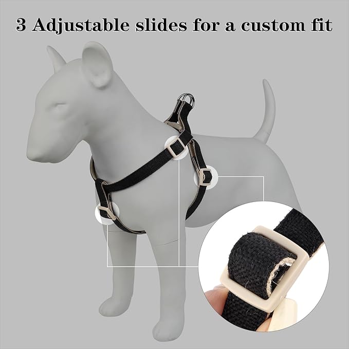 Plutus Pet Cotton Hemp Step in Dog Harness, Sustainable, Lightweight and Escape-Proof, Quick Fit Dog Harness for Puppy Small Medium and Large Dogs, Black, L