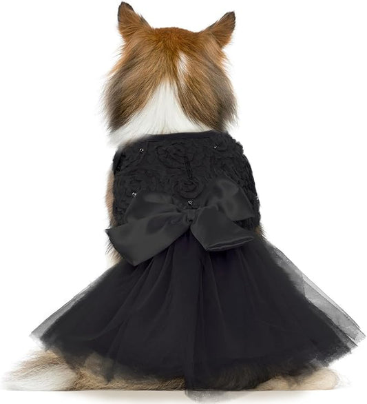 QBLEEV Dog Dress, X-Large, Black, Cotton, Lace Tutu Skirt, Bowknot, Flower Girl, for Medium Dogs, Wedding, Birthday, Occasion