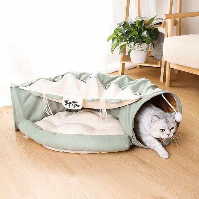 Cat Rabbit Tunnel Bed Nest for Cats Indoor, with Collapsible Washable Soft Cushion, Plush Ball and Exercise Wheel Tube, Fit for Puppy Bunny Kitty Kitten Ferret