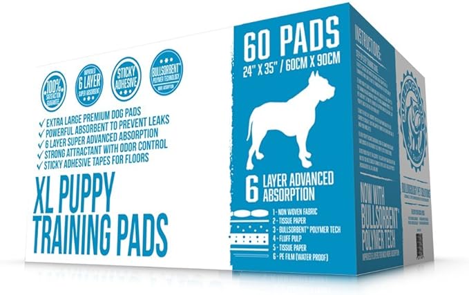 Bulldogology Puppy Pee Pads XL with Adhesive Sticky Tape - Extra Large Dog Training Wee Pads (24x35) 6 Layers with Extra Quick Dry Bullsorbent Polymer Tech (360-Count, White)