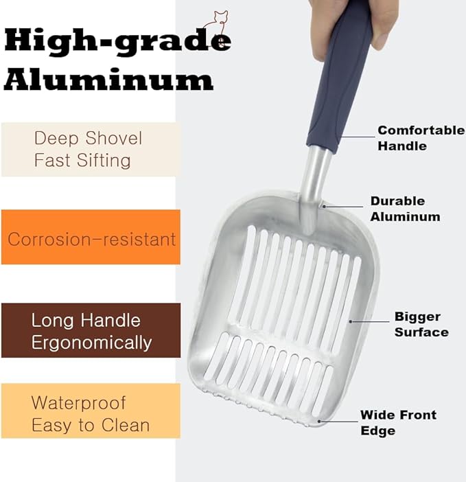 Full Metal Cat Litter Scoop with Holder, Stainless Steel Cat Litter Scooper Holder, Aluminum Kitty Scoop Captures All Clumps, Heavy Duty Kitty Metal Scooper with Non-Slip Handle
