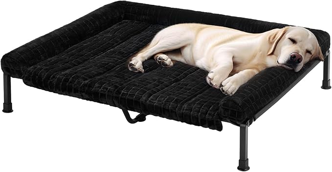 Veehoo Cooling Elevated Dog Bed with Fluffy Plush Cushion, Washable Raised Dog Beds with Removable Bolster, Breathable Mesh, No-Slip Feet, Heavy Duty Pet Cot for Large Dogs, 53 x 37 inches, Black