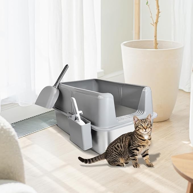 Stainless Steel Litter Box with Lid, 24" XL Extra Large High-Sided Metal Cat Litter Box for Multiple Cats,Anti-Leakage & Non-Stick, Easy to Clean, Includes 2 Scoops&Deodorizer Box, Gray