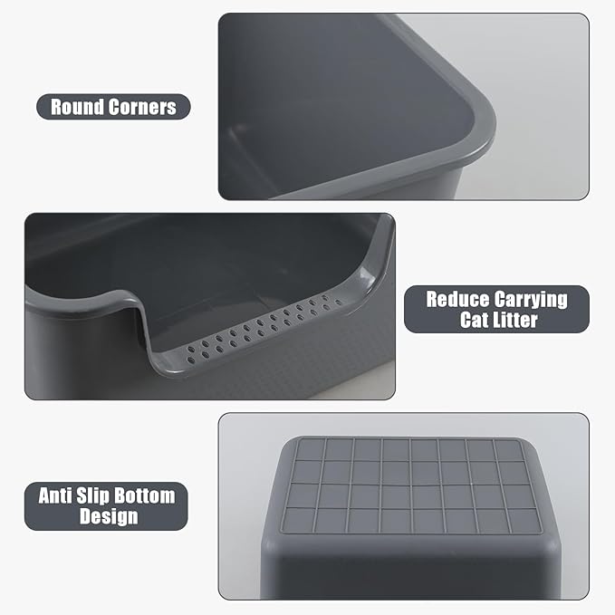 Xyskin 4 Pcs Cat Litter Box, Anti-Splashing Kitty Litter Pan with Scoops, High Sides Cat Litter Box Tray, Grey
