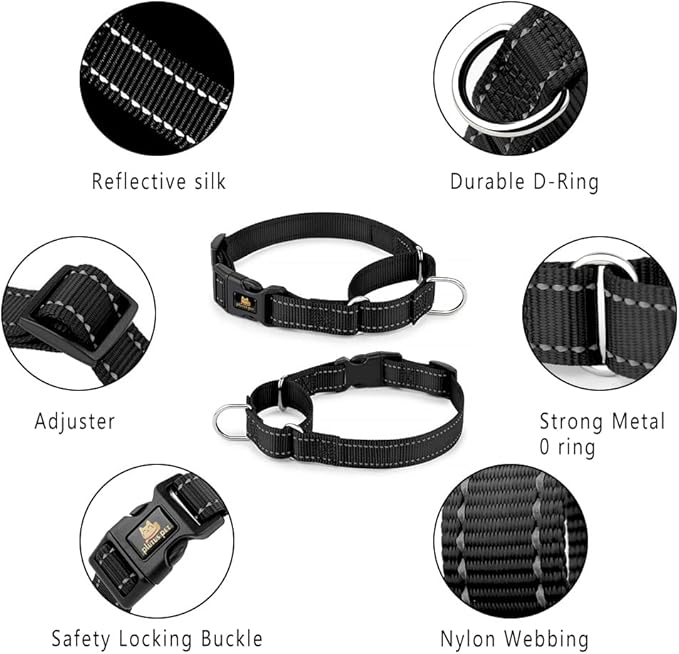 PLUTUS PET Reflective Martingale Collar with Quick Snap Buckle,No Pull Dog Choker Collar for Small Medium Large Dogs,M,Black
